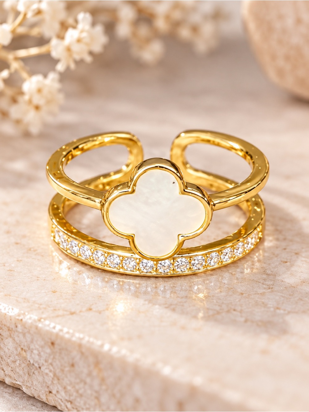 Gold Adjustable Clover Open Ring with Mother-of-Pearl & Pavé CZ Band